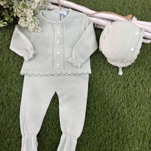 CONJUNTO TRES PIEZAS HILO VERDE AGUA JERSEY CON GARBANCITOS BLANCOS POLAINAS Y CAPOTA 26VE-214
