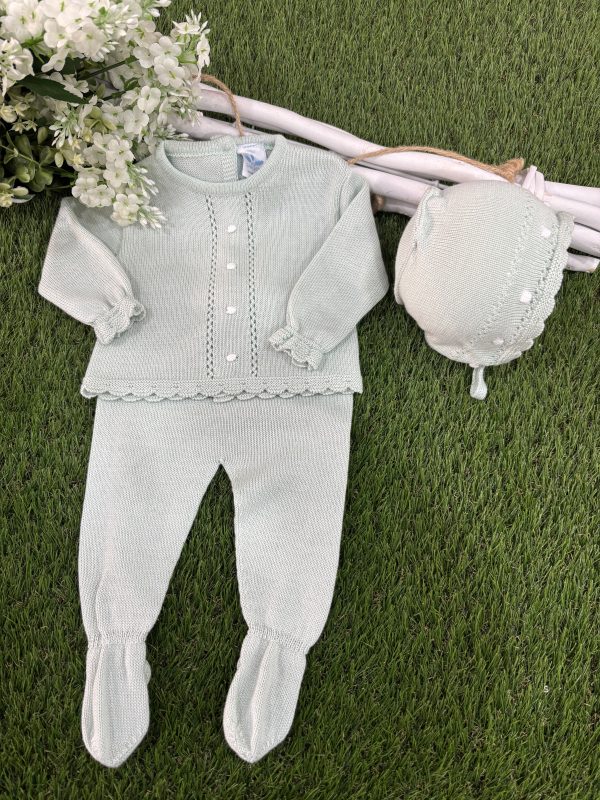 CONJUNTO TRES PIEZAS HILO VERDE AGUA JERSEY CON GARBANCITOS BLANCOS POLAINAS Y CAPOTA 26VE-214
