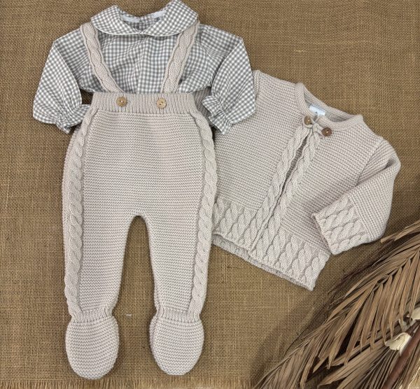 CONJUNTO TRES PIEZAS POLAINAS CON TIRANTES Y CHAQUETA LANA COLOR PIEDRA Y CAMISA VICHY 026VE-337