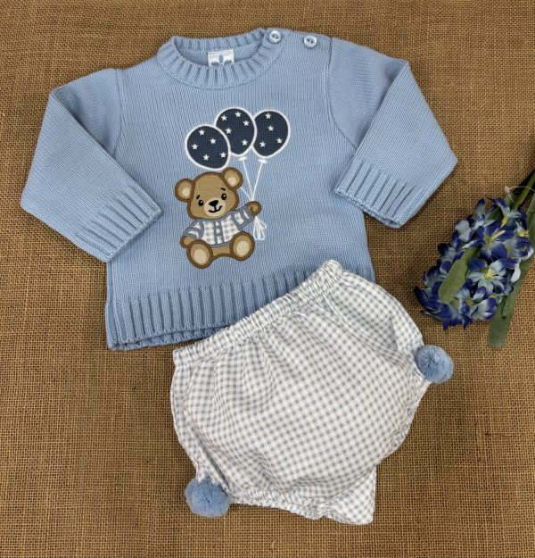 CONJUNTO NIÑO JERSEY LANA AZUL EMPOLVADO CON OSO GLOBITOS Y BRAGUITA RANITA VICHY AZUL CON POMPONES 026MA-266
