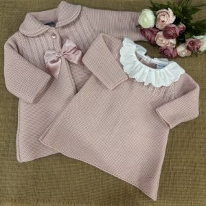 CONJUNTO NIÑA ABRIGO DOBLE LANA CON OCHOS Y LAZO Y VESTIDO CON CUELLO BLANCO 026MC-163