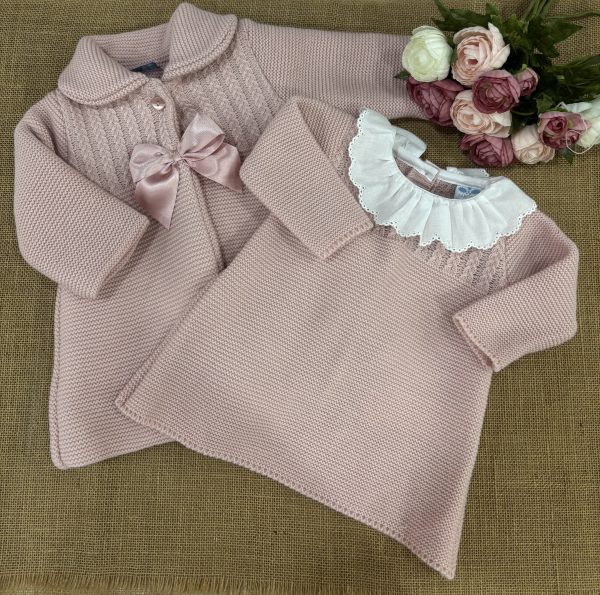 CONJUNTO NIÑA ABRIGO DOBLE LANA CON OCHOS Y LAZO Y VESTIDO CON CUELLO BLANCO 026MC-163