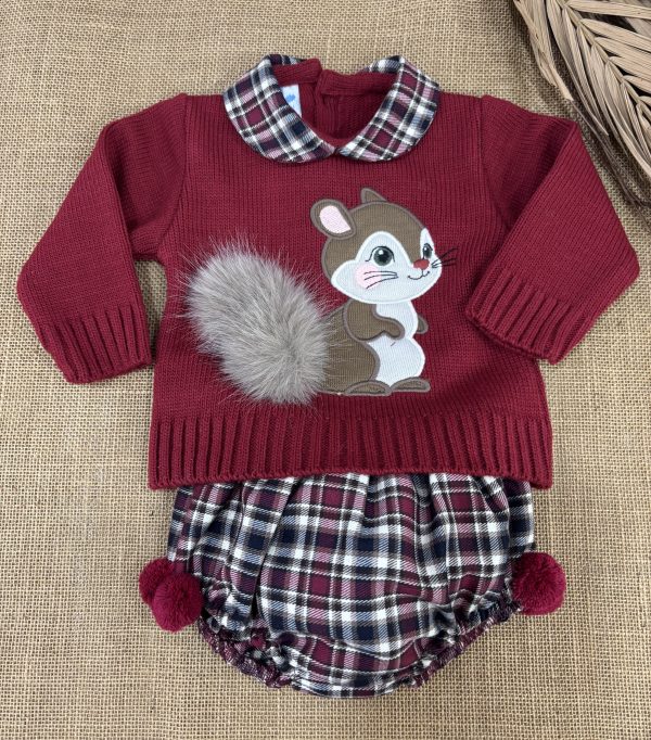 CONJUNTO NIÑO JERSEY LANA COLOR CEREZA ARDILLA CON POMPONES Y RANITA VICHY 026MA-276