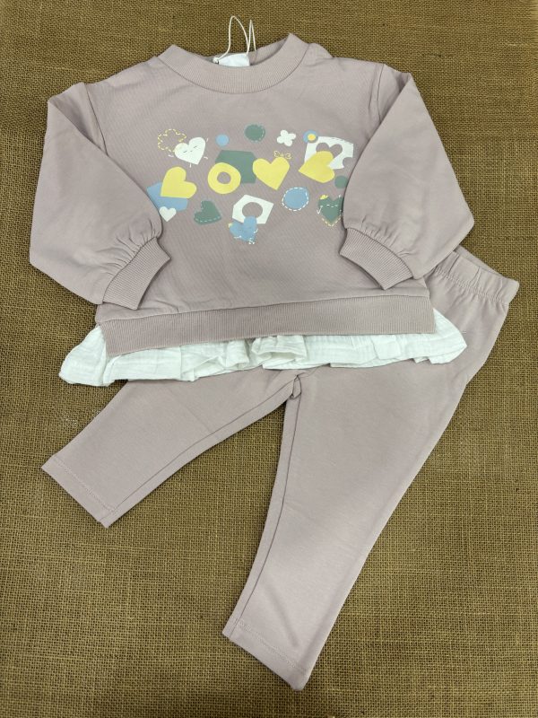CONJUNTO NIÑA ALGODON ROSA EMPOLVADO SUDADERA MUÑECOS Y ABAJO VOLANTE BAMBULA Y LEGGINS LISOS  Z16