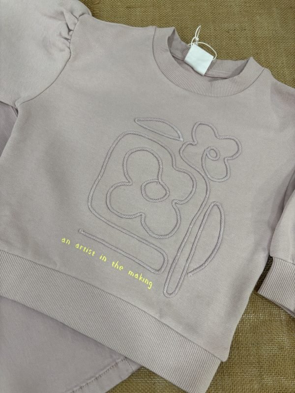 CONJUNTO NIÑA ROSA EMPOLVADO SUDADERA FLORES Y PANTALON ANCHO Z11 - Imagen 2