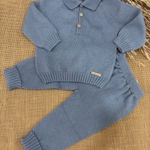 CONJUNTO LANA COLOR AZULADO JERSEY TIPO POLO Y PANTALONES 044-12329