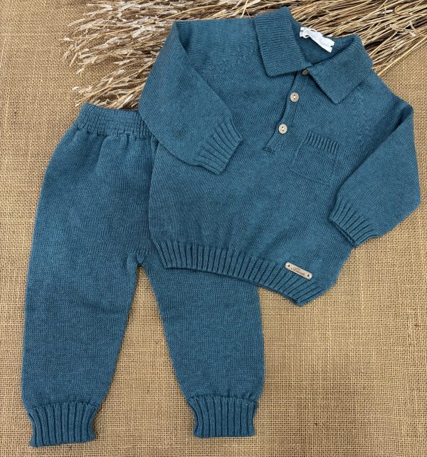 CONJUNTO LANA AZUL VERDOSO JERSEY TIPO POLO Y PANTALONES 044-12329