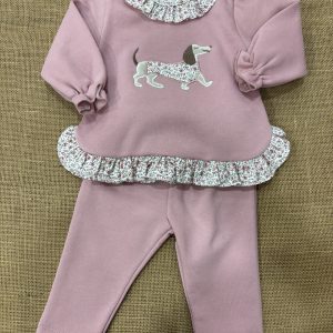 CONJUNTO DOS PIEZAS ALGODON ROSA EMPOLVADO SUDADERA PERRITO REMATADO CUELLO Y PARTE DE ABAJO LIBERTY 026CB-627