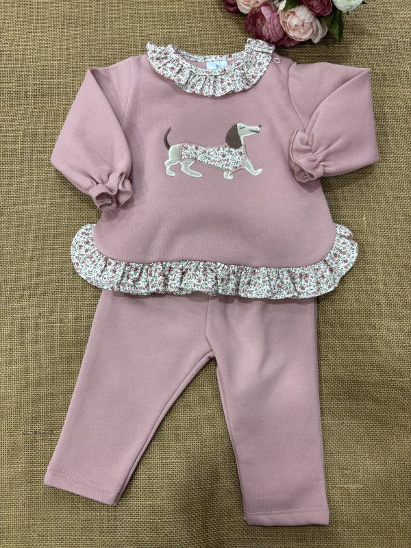CONJUNTO DOS PIEZAS ALGODON ROSA EMPOLVADO SUDADERA PERRITO REMATADO CUELLO Y PARTE DE ABAJO LIBERTY 026CB-627