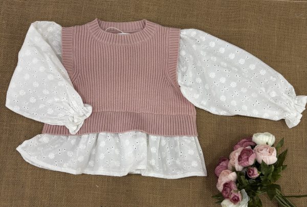 JERSEY LANA ROSA EMPOLVADO CON MANGAS Y VOLANTE ABAJO DE BATISTA PERFORADA CRUDA Z70