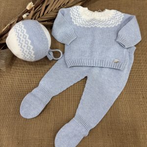 CONJUNTO LANA DE ALGODON AZUL JERSEY CON CENEFA CRUDA POLAINAS Y CAPOTA 004-10319
