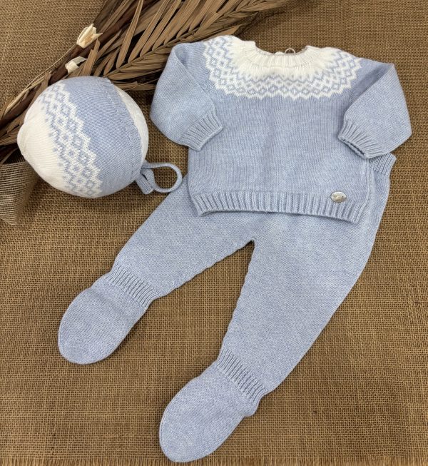 CONJUNTO LANA DE ALGODON AZUL JERSEY CON CENEFA CRUDA POLAINAS Y CAPOTA 004-10319