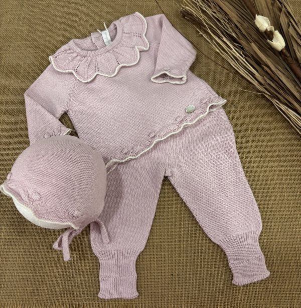 CONJUNTO LANA DE ALGODON ROSA JERSEY CON CUELLO Y GARBANCITOS POLAINAS Y CAPOTA 004-11327