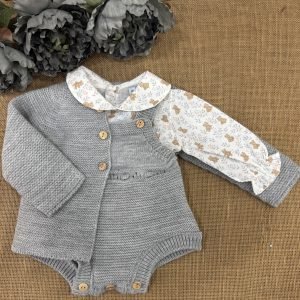 CONJUNTO TRES PIEZAS RANITA CHAQUETA LANA GRIS Y CAMISA OSITOS 026VE-355