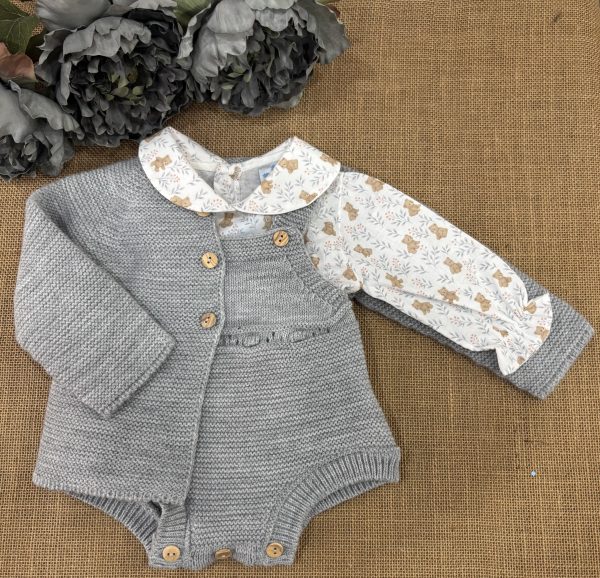 CONJUNTO TRES PIEZAS RANITA CHAQUETA LANA GRIS Y CAMISA OSITOS 026VE-355