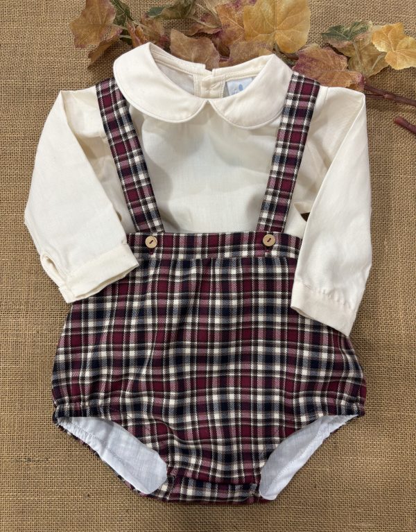 RANITA CON TIRANTES CUADROS ESCOCESES GRANATE Y CRUDO CON CAMISA CRUDA 026CB-646