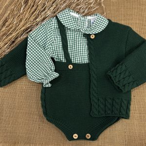 CONJUNTO TRES PIEZAS RANITA TIRANTES Y CHAQUETA OCHOS LANA VERDE BOTELLA Y CAMISA VICHY VERDE 026VE-336