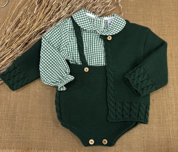 CONJUNTO TRES PIEZAS RANITA TIRANTES Y CHAQUETA OCHOS LANA VERDE BOTELLA Y CAMISA VICHY VERDE 026VE-336