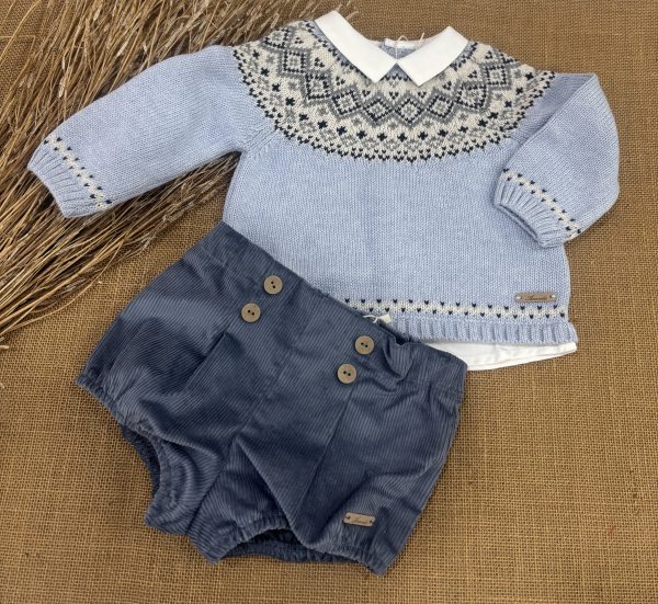 CONJUNTO JERSEY AZUL CON CENEFA Y CUELLO Y PARTE DE ABAJO BIELLA BLANCA CON RANITA PANA AZULADO 044-32328