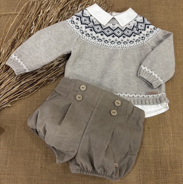 CONJUNTO NIÑO JERSEY CAMEL CON CENEFA CUELLO Y PARTE DE ABAJO Y RANITA PANA CAMEL 044-32328
