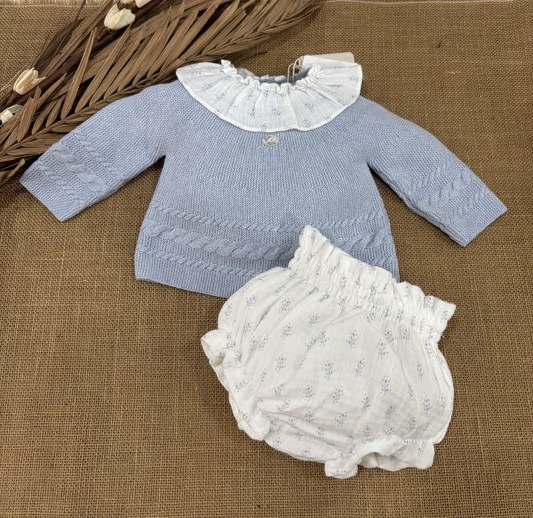 CONJUNTO LANA AZUL EMPOLVADO JERSEY CON CUELLO TELA Y RANITA CON LA MISMA TELA ESTAMPADA 010-30323