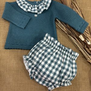 CONJUNTO JERSEY LANA ALGODON VERDE AZULADO CUELLO CUADROS Y RANITA TAMBIEN CUADROS 010-30327
