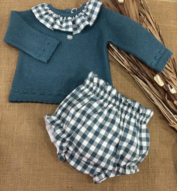 CONJUNTO JERSEY LANA ALGODON VERDE AZULADO CUELLO CUADROS Y RANITA TAMBIEN CUADROS 010-30327