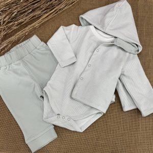 CONJUNTO TRES PIEZAS ALGODON VERDE RAYAS CHAQUETA REVERSIBLE CON CAPOTA  BODY Y PANTALONES Z95